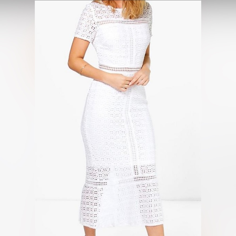 SHOWNY White Eyelet Lace Midi Dress